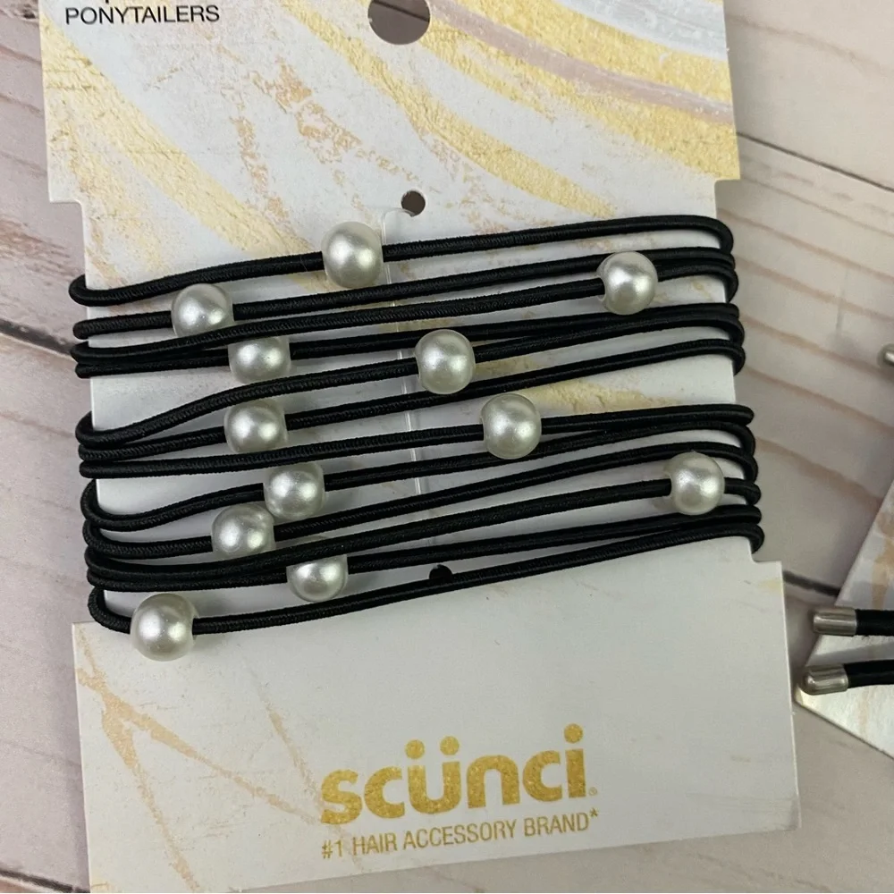 3x Scunci Ponytailers 6-pcs each pack Black 2 w/ Faux Pearls Hair Ties